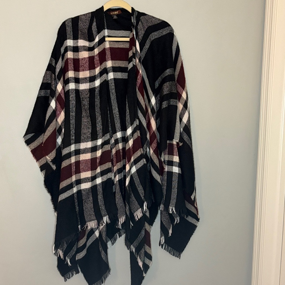 Vince Camuto Black & Burgundy Plaid Wrap Poncho